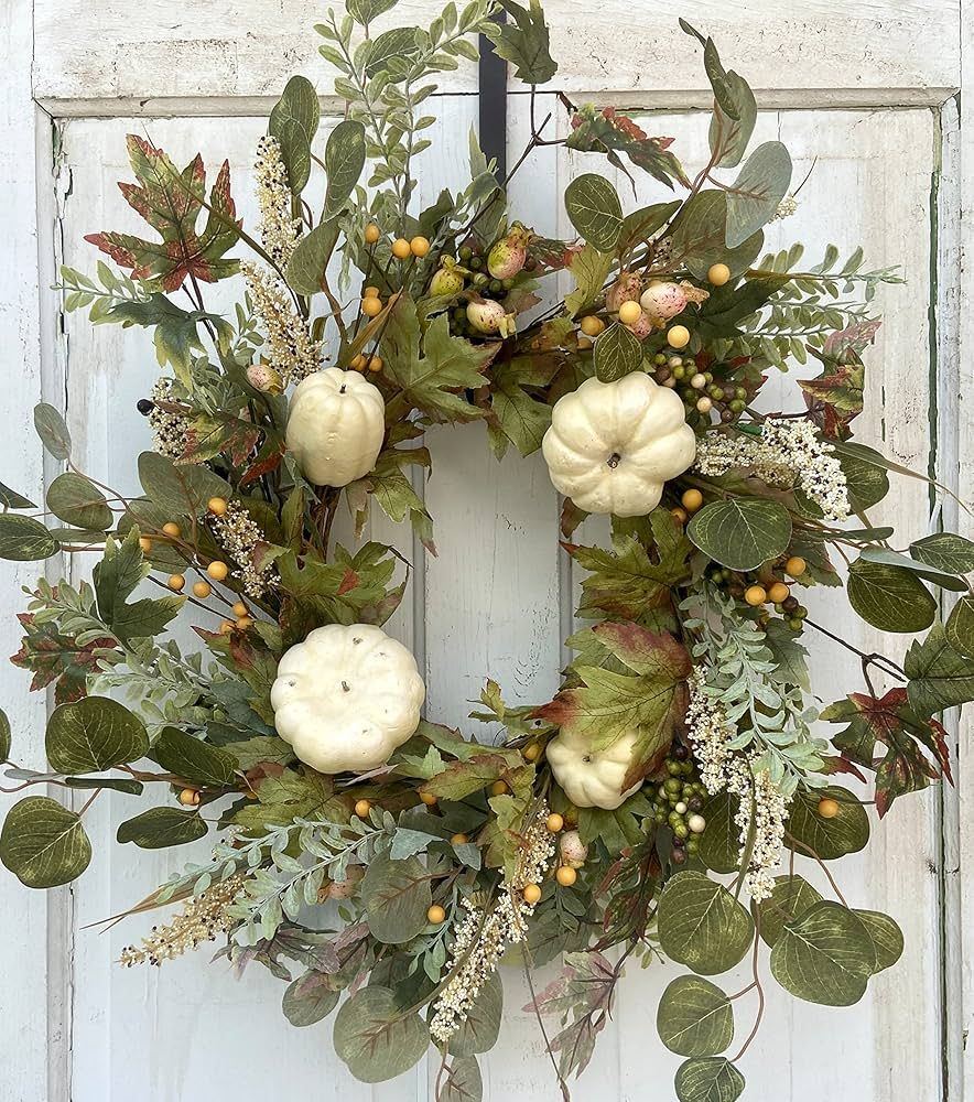 22"-24" Cream Gourd and Pumpkin Wreath with Maple Leaves and Berries-Fall, Thanksgiving | Amazon (US)