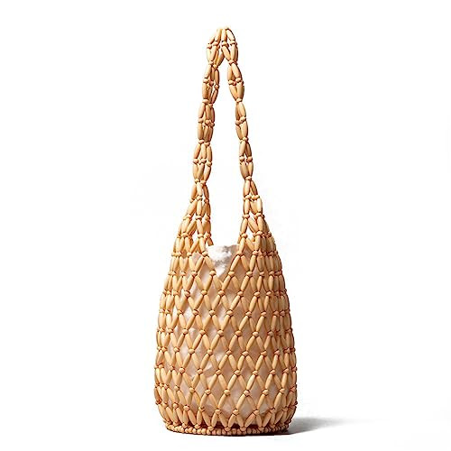 RomanticDesign Women Retro Wooden Handbag Woven Bead Tote Bag Hollow Out Beach Casual Bucket Purs... | Amazon (US)