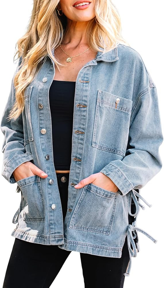 Apvirdy Jean Jacket for Women Trendy 2025 Side Tie up Denim Jackets Lapel Collar Button Down Loos... | Amazon (US)