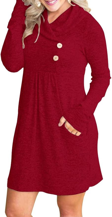 ETCYY NEW FANEW Womens Cowl V- Neck Buttoned Knit Loose Fit Sweater Dress with Pocket | Amazon (US)