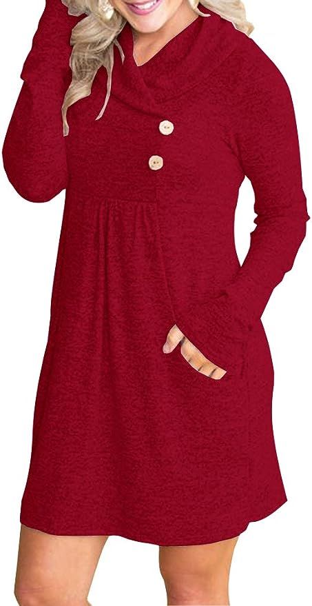 ETCYY NEW FANEW Womens Cowl V- Neck Buttoned Knit Loose Fit Sweater Dress with Pocket | Amazon (US)