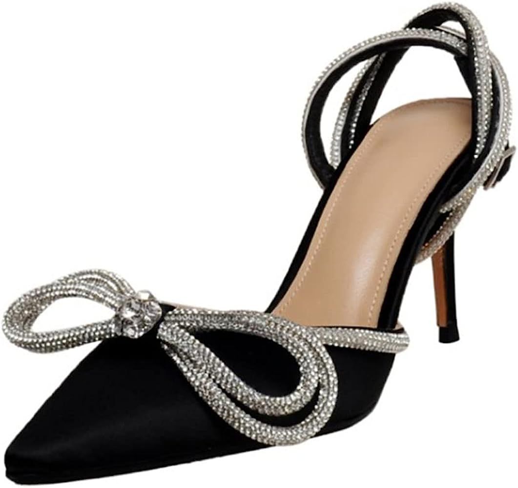 Vertundy Women's Lace up High Heeled Sandals Ankle Buckle Strap Rhinestone Bowknot Stilettos Satin P | Amazon (US)