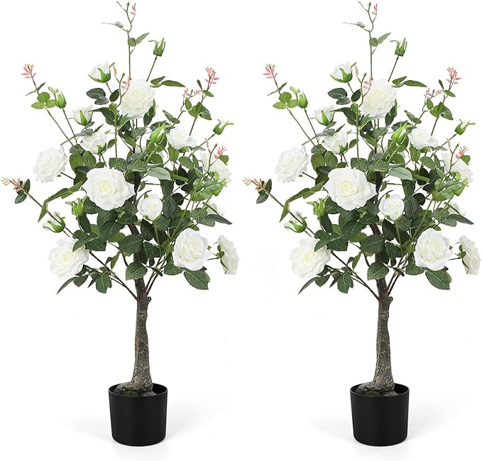 Romantic season 2Pack Artificial Rose Flower Trees, 42Inch White Faux Rose Tree with Green Leaves... | Amazon (US)