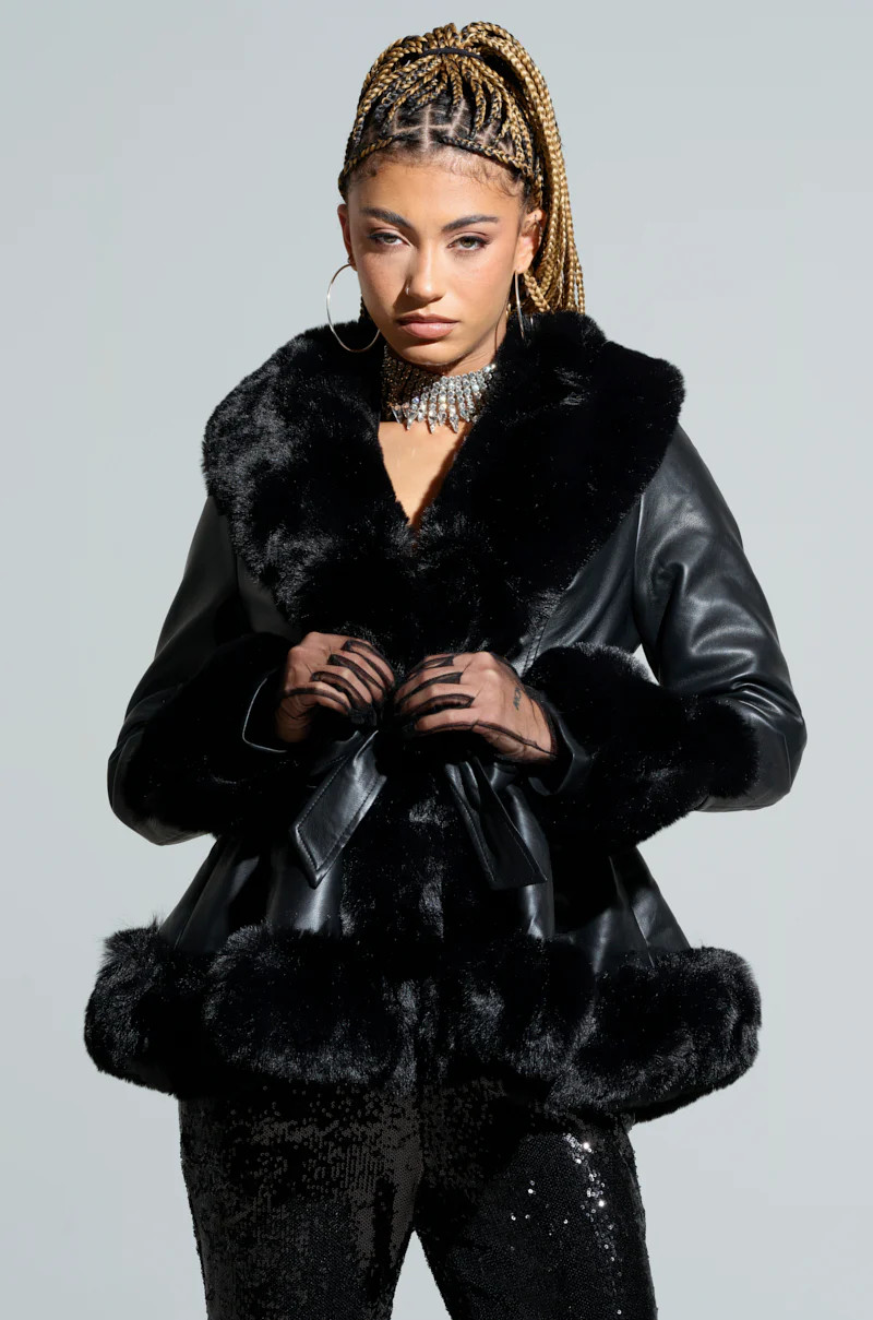 AZALEA WANG FAUX FUR TRIM PEPLUM MOTO | AKIRA
