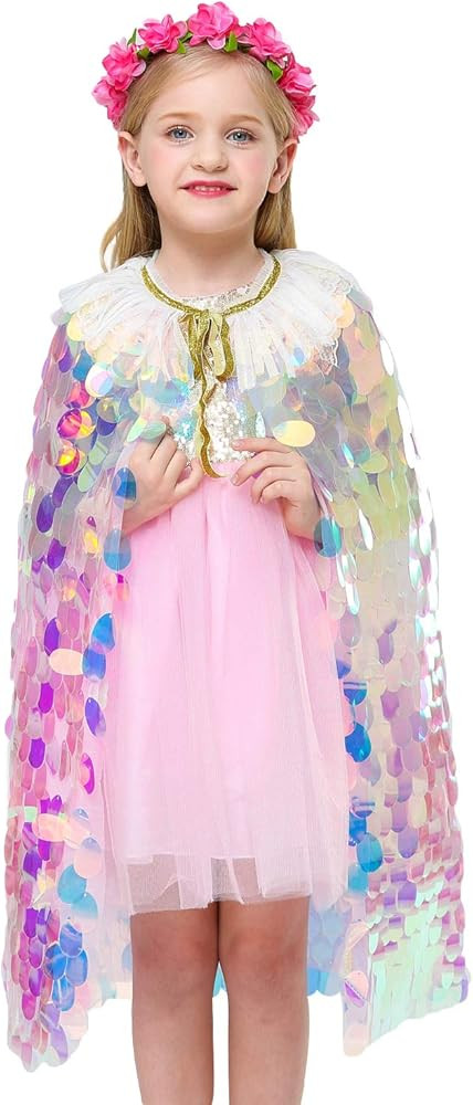 Girls Princess Cape Cloak Shiny Glitter Party Prop Kids Halloween Fancy Dress | Amazon (US)