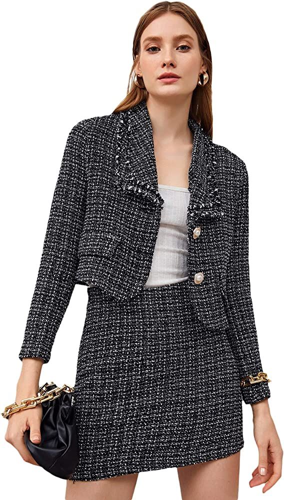 SweatyRocks Women's Business Suit 2 Pieces Tweed Blazer Jacket Coat and Skirt Set | Amazon (US)