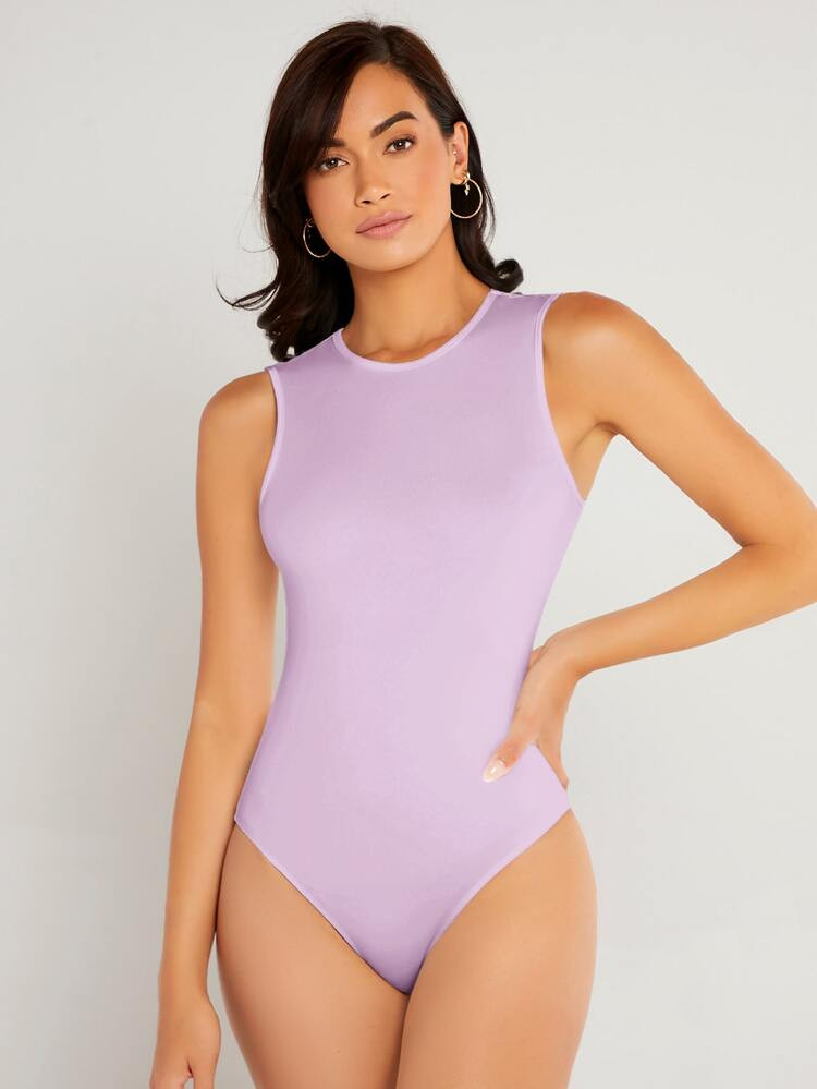 SHEIN BASICS Solid Round Neck Fitted Tank Bodysuit | SHEIN