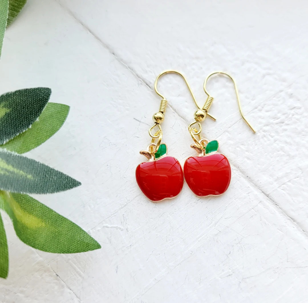 Apple Earrings for Teacher-dangle Apple Earrings-school Teacher Gift-apple Charm Earrings-gift fo... | Etsy (US)