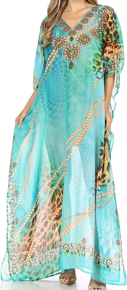 Sakkas Wilder Printed Design Long Sheer Rhinestone Caftan Dress/Cover Up | Amazon (US)