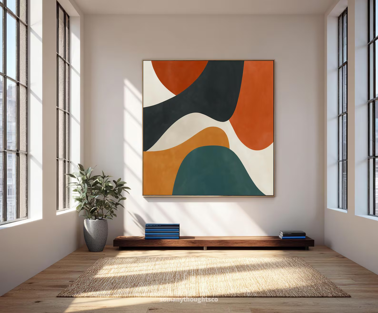 Large Abstract Wall Art Painting,Mid-Century Geometric Shapes in Teal and Rust,Modern Minimalist ... | Etsy (US)