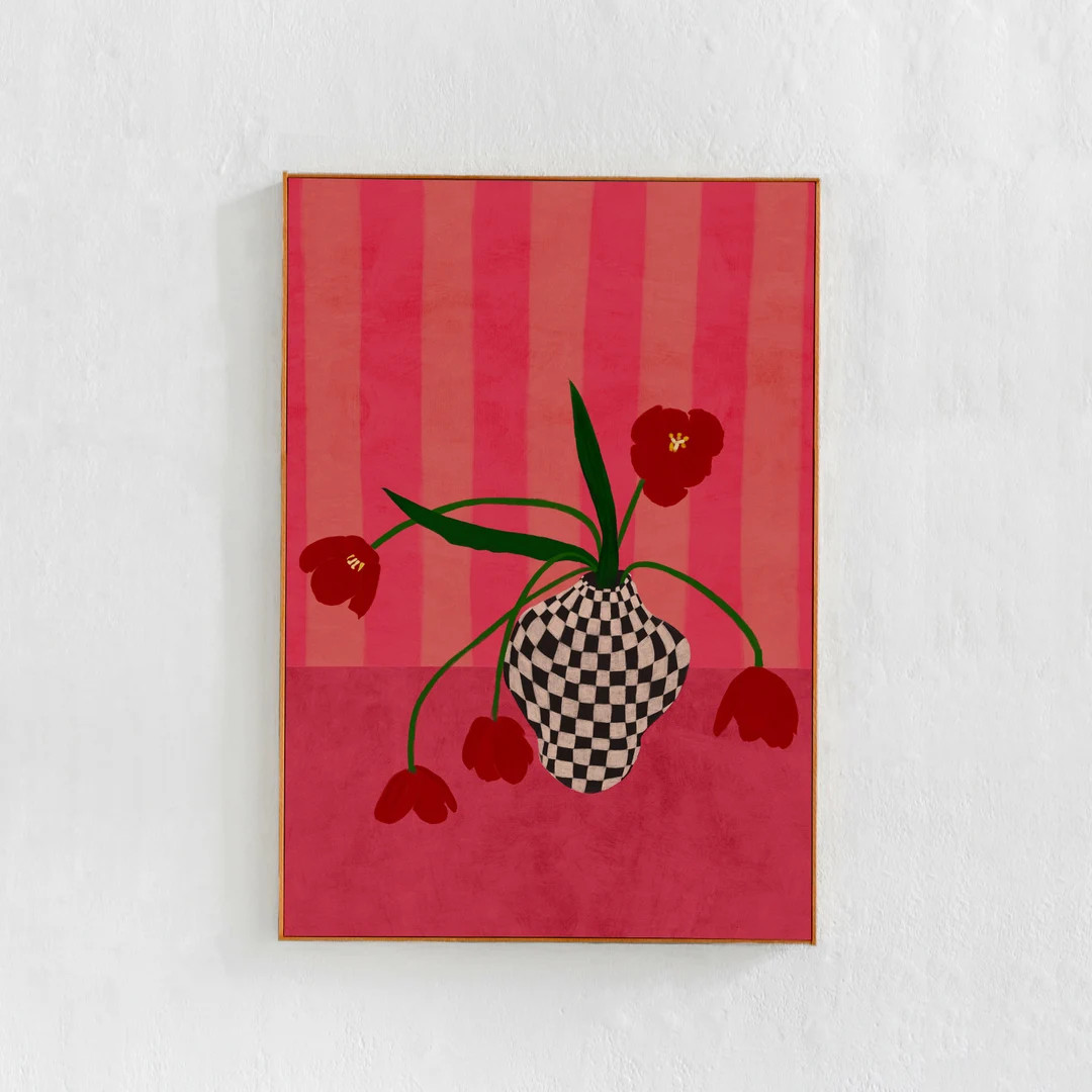 Contemporary, Eclectic Wall Decor in Berry Pink Tones DOWNLOADABLE ART Print, Tulips in a Checker... | Etsy (US)