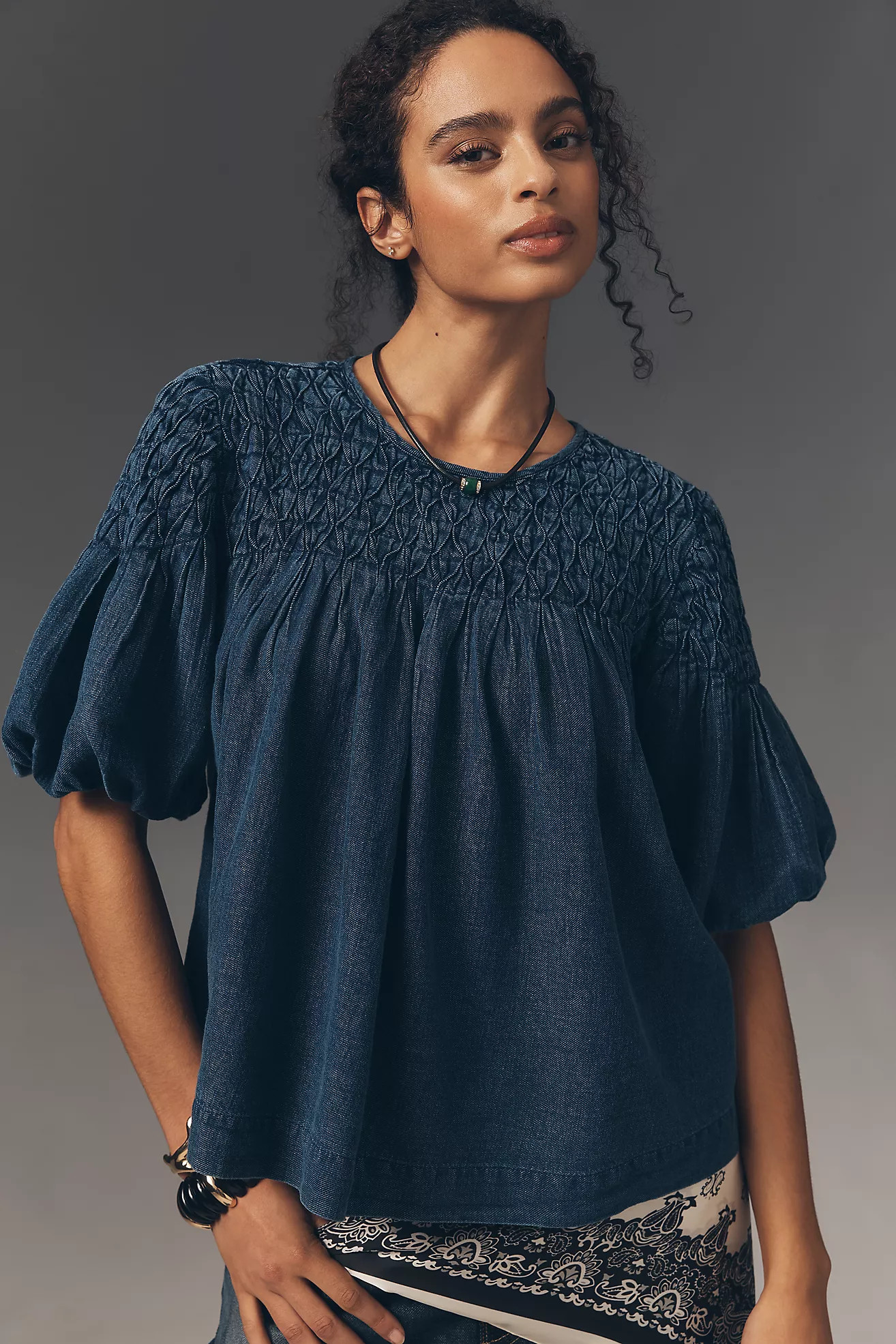 The Liza Smocked Puff-Sleeve Denim Blouse | Anthropologie (US)