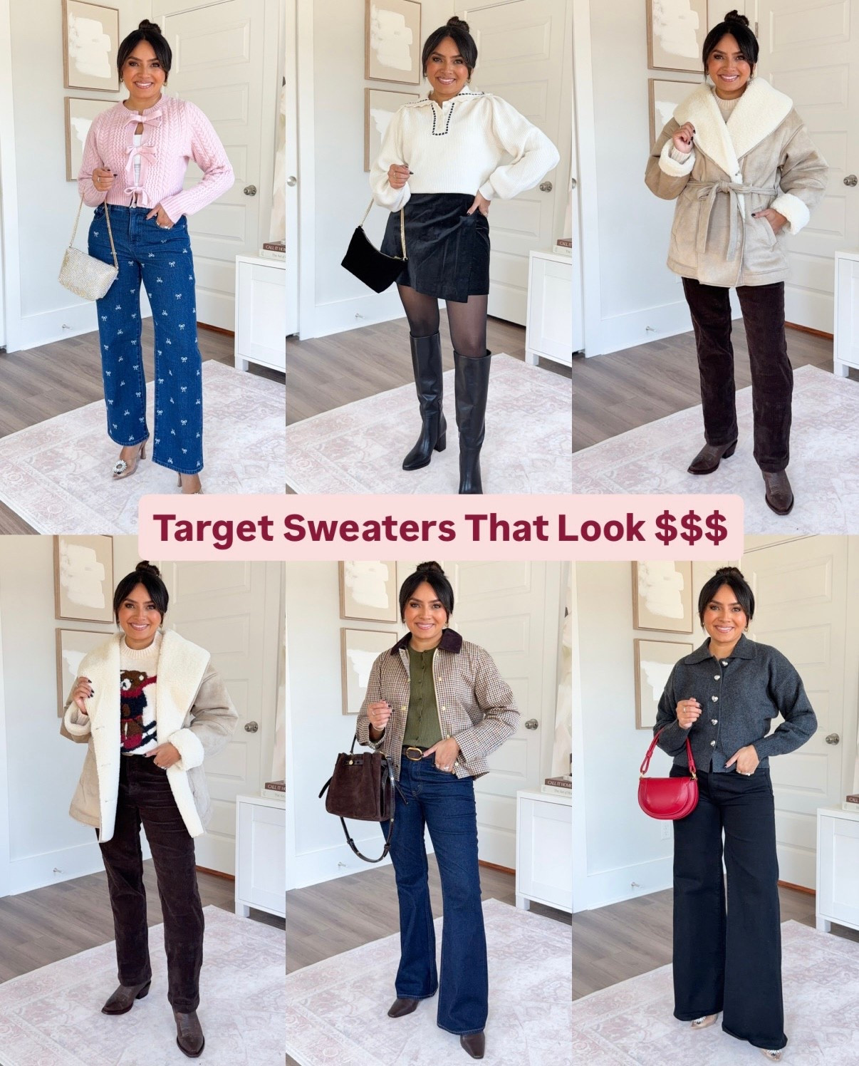Target Sweaters!
For reference: I’m 5’0, 32b bra size, and 2/26 in bottoms, pear shaped. 
*Everything I share is unaltered! TTS means true to size. Between size 5-6.6 in shoes

Pink bow cardigan sweater size xs TTS
Bow jeans size 26 petite TTS
Rhinestone clear heels - old, similar linked

Off White polo collar sweater size xxs TTS
Black velvet mini skirt - old, similar linked
Black tights size small TTS
Black boots size 5.5 TTS

Bear sweater size xxs TTS
Tan shawl collar shearling coat size xxs TTS
Brown iced espresso corduroy pants size 2 regular - I wanted a full length pant so I went with the regular size, I have a little room in the waist but wouldn’t size down!
Cafe western cowgirl boots size 5.5 - sized down a half size

Olive green ribbed cardigan sweater size xs TTS
Plaid barn jacket size xs petite TTS
Dark rinse mid rise bootcut jeans size 26 short TTS
Dark brown boots size 5.5 TTS


Charcoal gray heart button cardigan sweater size xs TTS
Black flare jeans size 26 petite TTS
Rhinestone clear heels - old, similar linked



Target sweaters 2025
affordable fall sweaters
Target fall fashion
cozy Target sweaters
fall outfit ideas Target
Target capsule wardrobe
petite fall outfits
sweaters that look expensive
Target knitwear
budget friendly fall style
Target women’s sweaters
chic sweaters under $50
neutral fall outfits
Target clothing finds
best Target fall pieces
Winter outfit ideas
short girl fashion
Rachel Miranda Blog
Honeysweetpetite
Honey Sweet Petite


#LTKHoliday #LTKPetite #LTKFindsUnder50