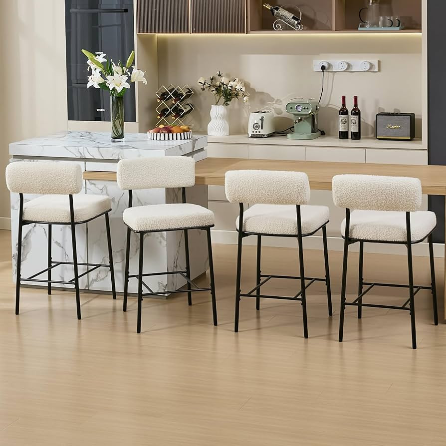 26" Counter Height Bar Stools Set of 4, Upholstered Barstools with Backs, White Boucle Fabric, Me... | Amazon (US)