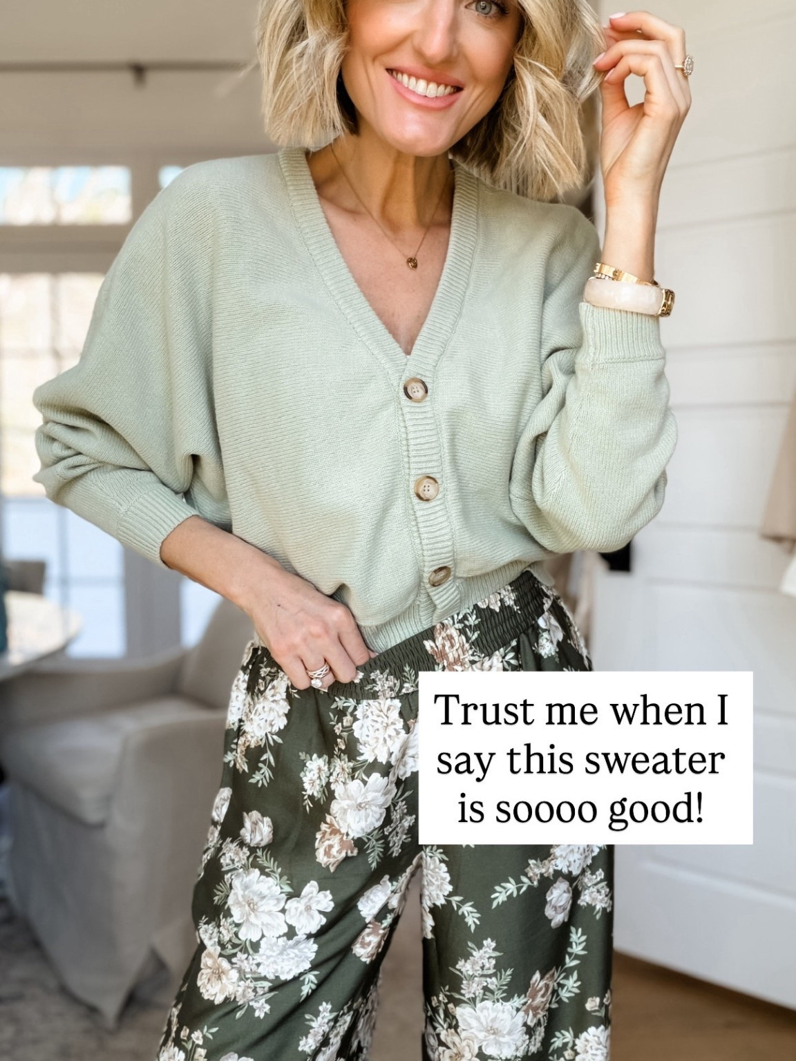 This sage green sweater! 😍 One of my favorite colors & the perfect color for spring! I will be definitely be styling this sweater several ways! Wearing XS!

Loverly Grey, Loft, spring sweater, spring cardigan, floral pants, sale, spring outfit 

#LTKSeasonal #LTKSaleAlert