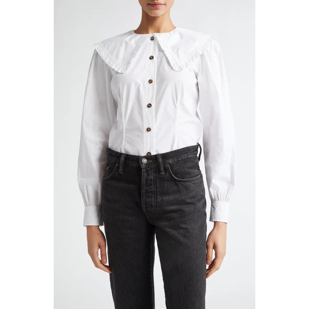 Ganni Ruffle Collar Button-Up Shirt in Bright White at Nordstrom, Size 0 Us | Nordstrom