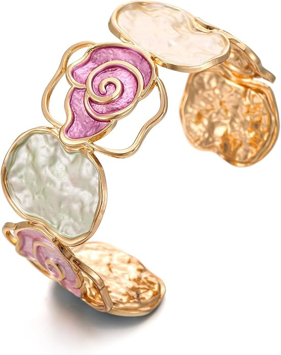 LUREME Gold Rose Cuff Bracelet for Women - Open-End Colorful Enamel Flower Stretch Bangle, Adjust... | Amazon (US)