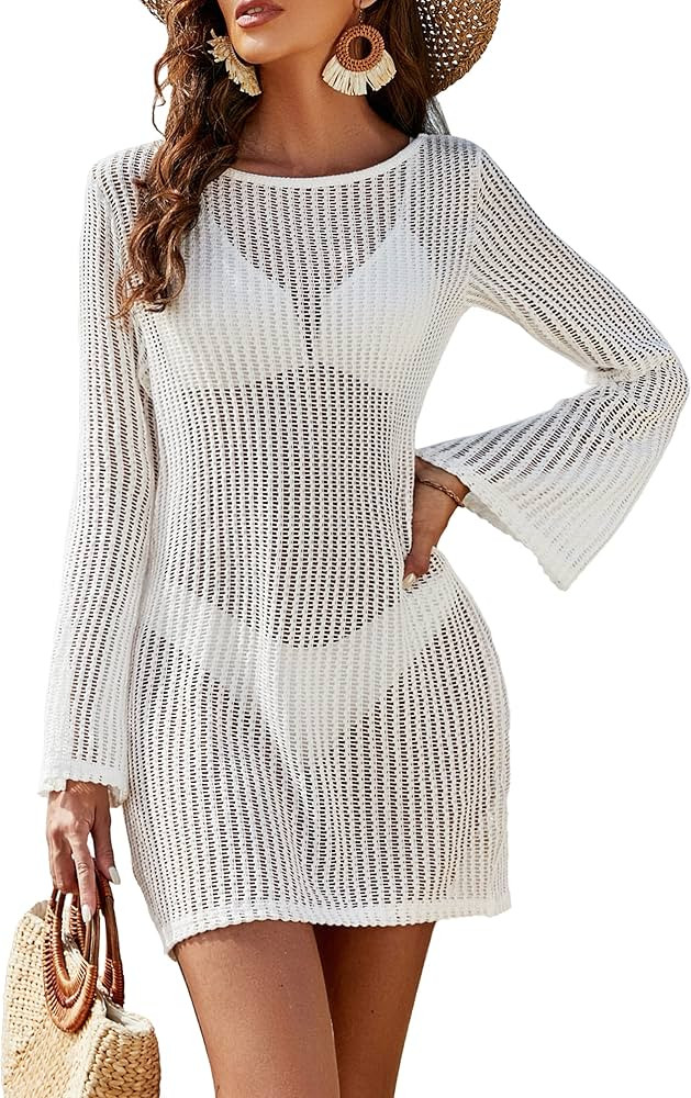 Blooming Jelly Women's Swimsuit Coverup Crochet Bikini Cover Ups Hollow Out Net Longsleeve Swimwe... | Amazon (CA)