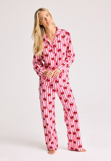 Womens Pink Stripe Candy Cane Bow Family Pyjama Gift Set | Peacocks