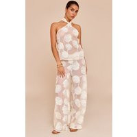 Petite Cream Sheer Shell Applique Wide Leg Pants | PrettyLittleThing US