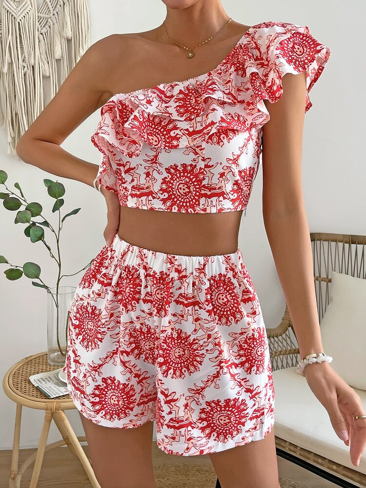 SHEIN VCAY Allover Print One Shoulder Ruffle Trim Crop Blouse & Shorts | SHEIN
