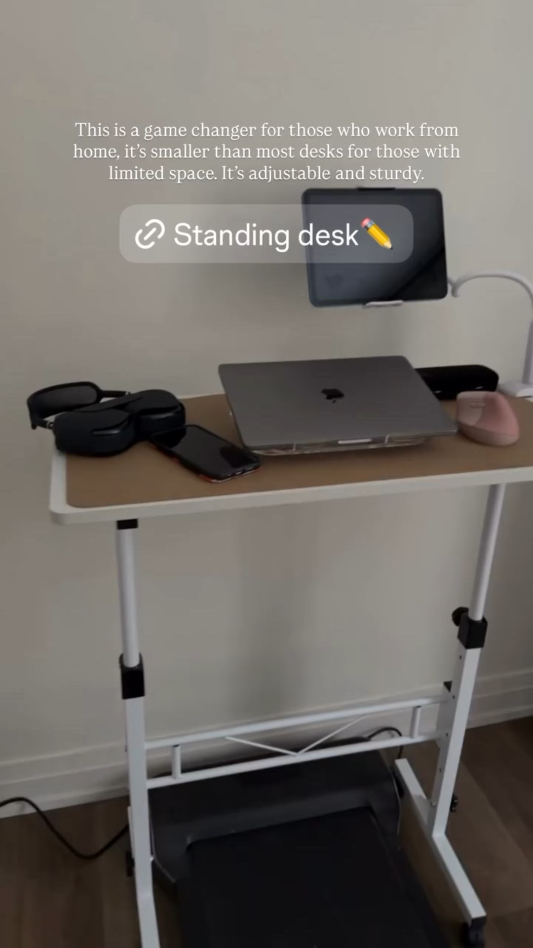 This is a game changer for those who work from home, it’s smaller than most desks for those with limited space. It’s adjustable and sturdy.