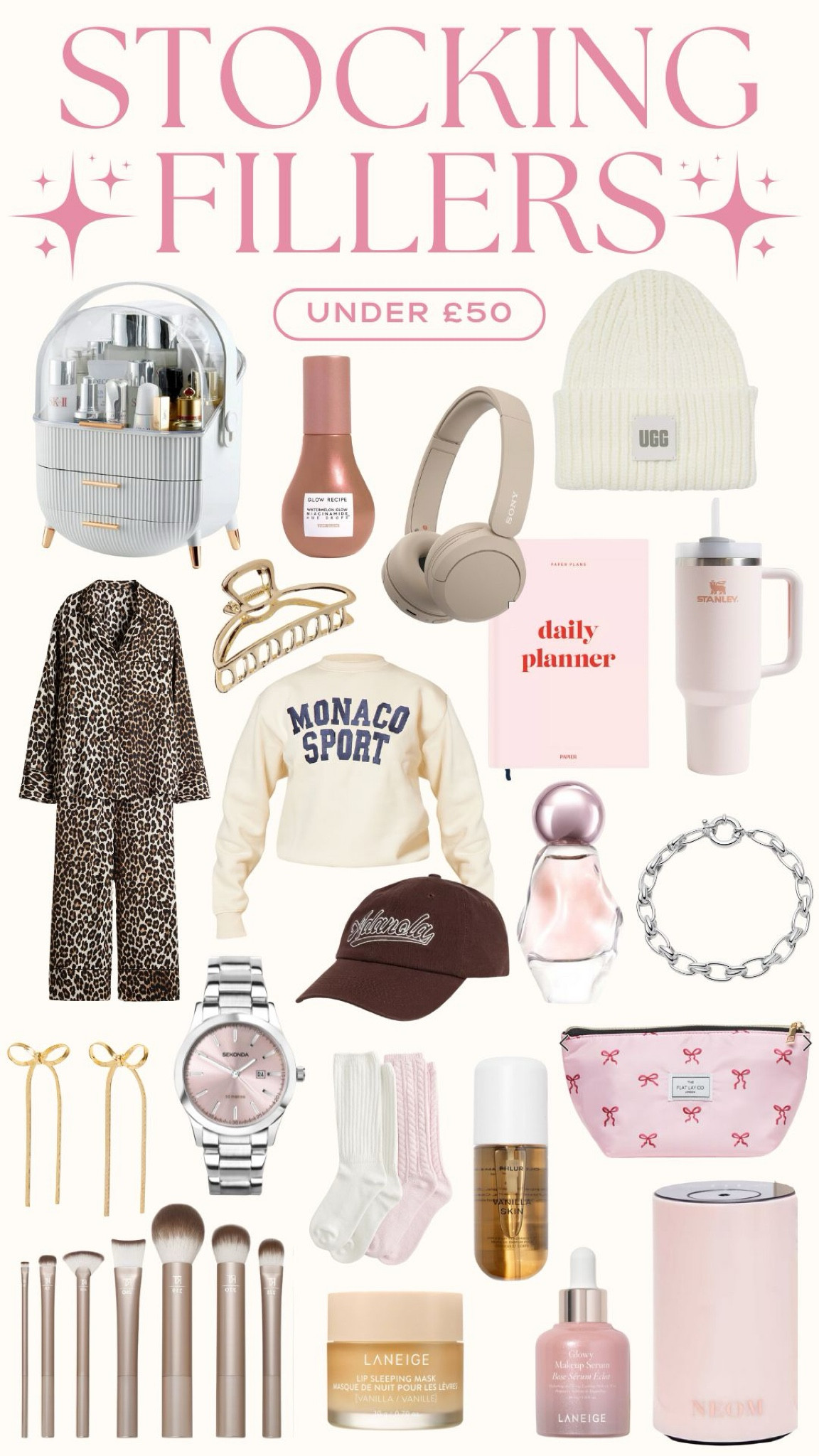 Stocking fillers for under £50 ⭐️

Stanley cup, chunky jewellery, make up bag, earrings, bows, leopard pyjamas, Adanola hat, glow recipe, lip mask, beige headphones, stocking stuffers 

 #LTKgiftguide #LTKwinter #LTKuk