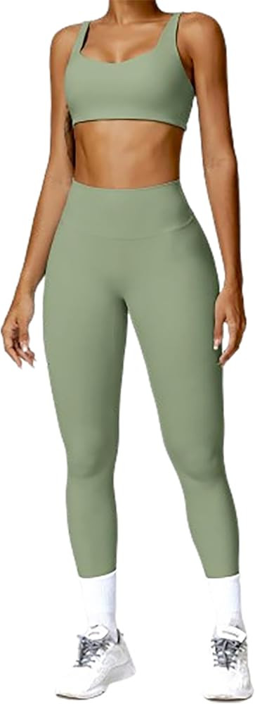 Women's Solid Color Fitness 2-Piece Set, High Waist Seamless Leggings, Padded Stretch Sports Bra ... | Amazon (US)