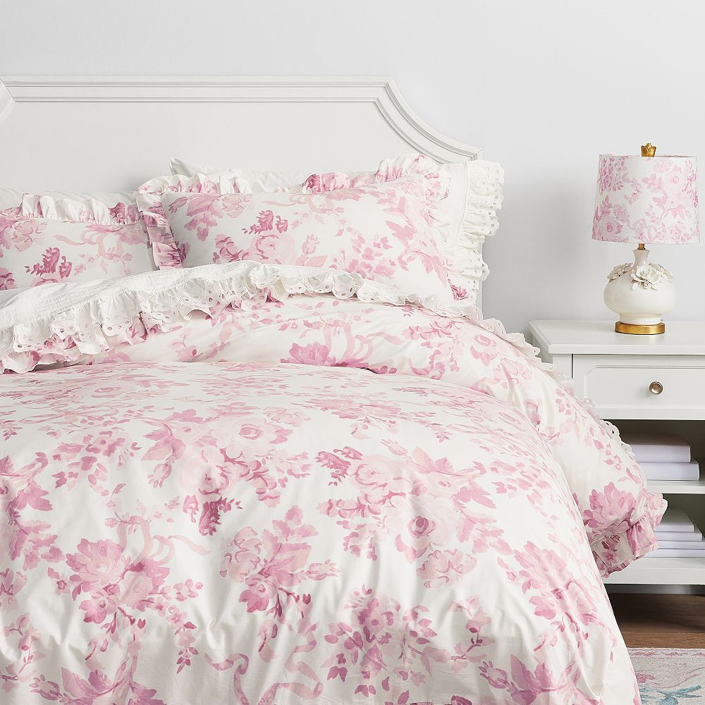 LoveShackFancy Damask Double Ruffle Edge Duvet, King, Pink/Ivory | Pottery Barn Teen