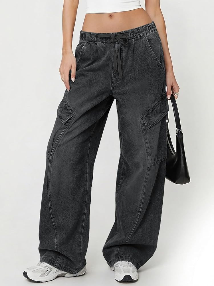 Tankaneo Women Baggy Wide Leg Jeans Y17k Low Rise Drawstring Boyfriend Denim Pants Casual Loose F... | Amazon (US)