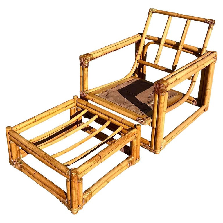 Vintage Coastal Ficks Reed Lounge Chair and Ottoman | 1stDibs