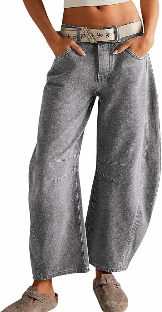 Womens Stretchy Mid Rise Barrel Jeans Vintage Loose Wide Leg Cropped Denim Pants Y2k Baggy Boyfri... | Amazon (US)