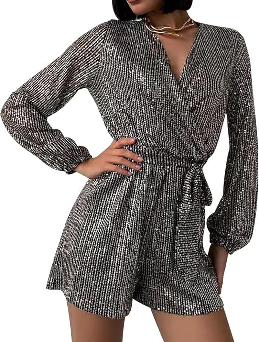 IDOPIP Women V Neck Sparkly Sequin Romper Club Party Long Sleeve Shorts Jumpsuit Glitters Ruffle ... | Amazon (US)