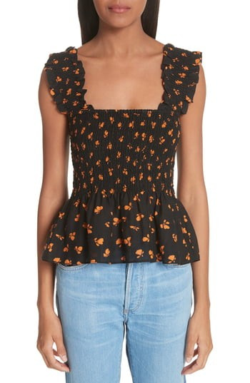 Women's Ganni Beacon Floral Ruched Top, Size 6 US / 38 EU - Black | Nordstrom
