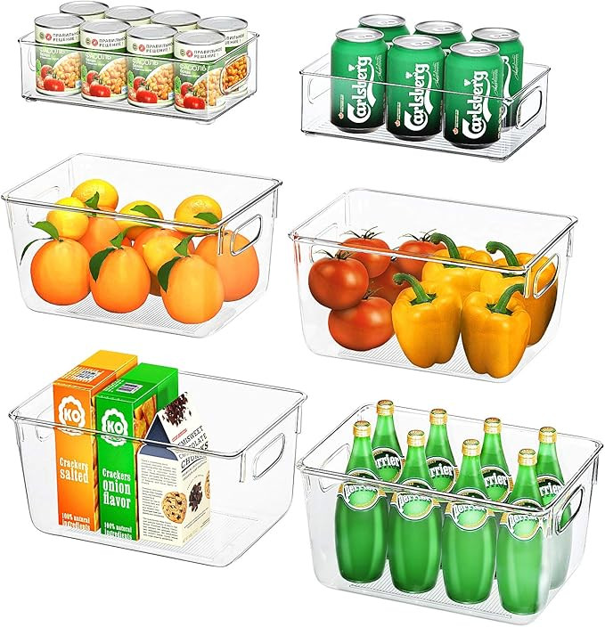 Huolewa Set Of 6 Clear Pantry Organizer Bins, 4 Large and 2 Small Refrigerator Organizer Bins wi... | Amazon (US)