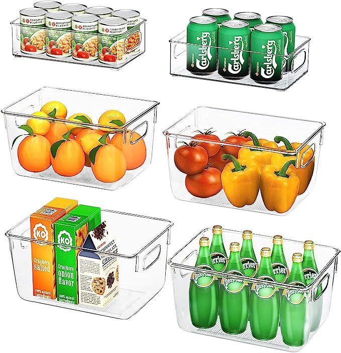 Huolewa Set Of 6 Clear Pantry Organizer Bins, 4 Large and 2 Small Refrigerator Organizer Bins wi... | Amazon (US)