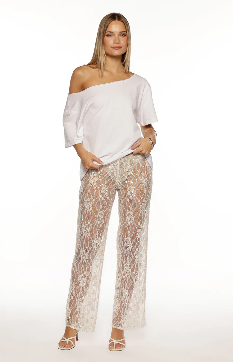Dani White Sequin Lace Sheer Pants | Beginning Boutique (AU)
