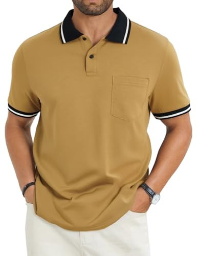 LuxMania Men's Casual Short Sleeve Polo Shirts Classic Button Summer Collared Golf Top T-Shirt with Pocket Khaki XL | Amazon (US)