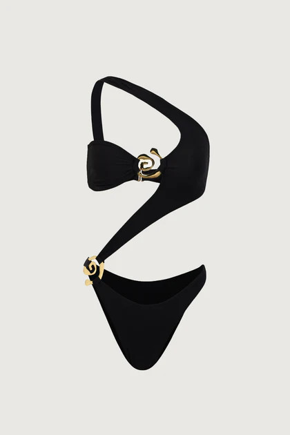 Spiral One Shoulder One Piece (Faux Suede Black) | SAME