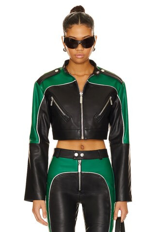 Camila Coelho Cropped Moto Biker Leather Jacket in Green & Black from Revolve.com | Revolve Clothing (Global)