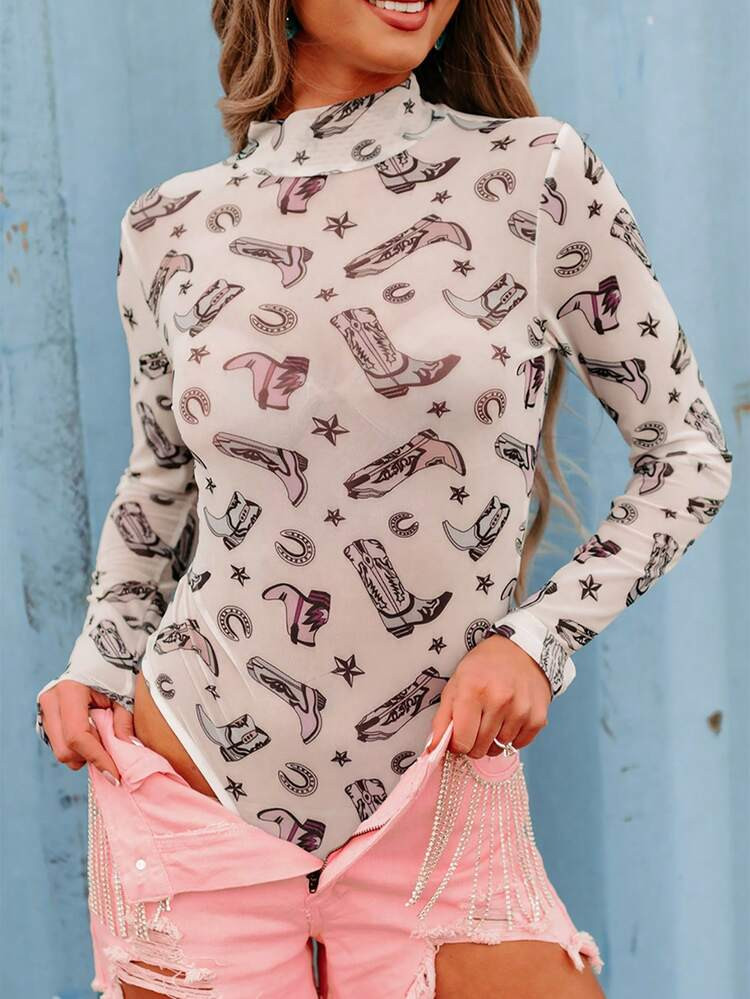 Acelitt Women's Western Style Cowgirl Print Mesh Bodysuit | SHEIN