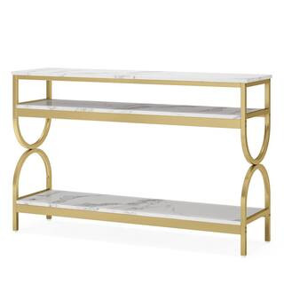 BYBLIGHT 55 in. White and Gold Rectangle Faux Marble Console Table with Open Storage Shelves BB-J... | The Home Depot