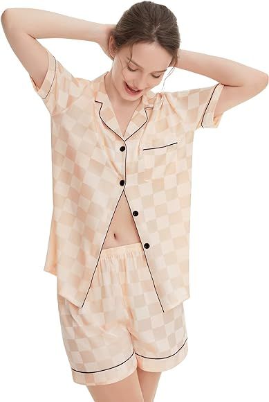SWOMOG Women's Silk Satin Pajamas Set Short Sleeve Sleepwear Button Down Loungewear Checker Top a... | Amazon (US)