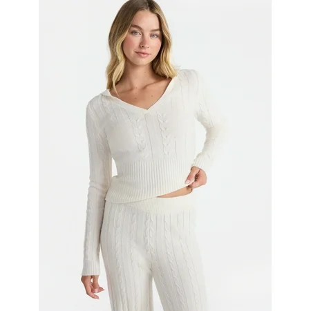 No Boundaries Cable Knit Sweater Hoodie, Lightweight, Women's | Walmart (US)