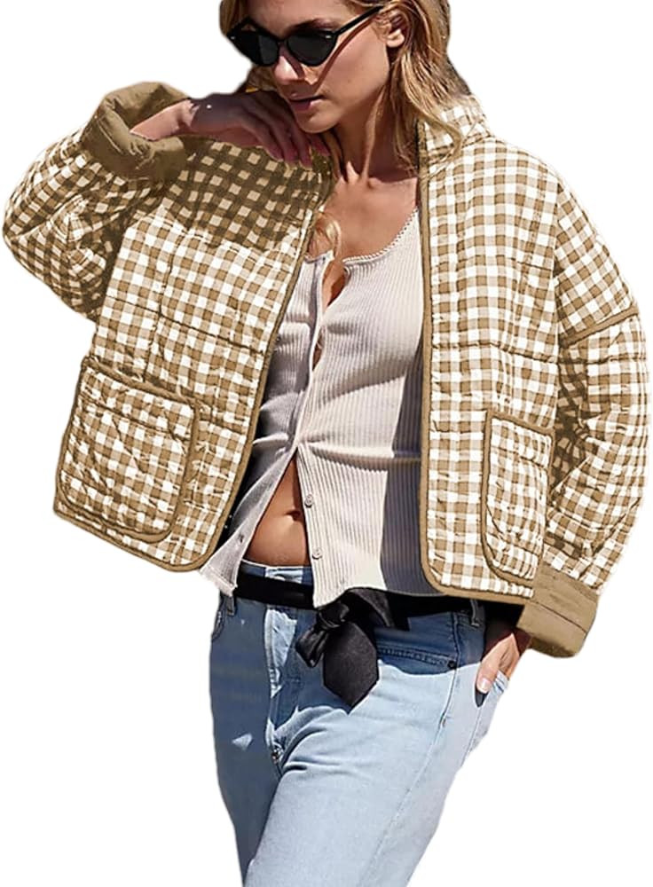 Bozanly Women's Cropped Puffer Quilted Jacket Plaid Printed Lightweight Long Sleeve Zipper Padded... | Amazon (US)