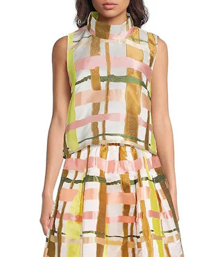 Buru Cropped Plaid Print Sleeveless Mock Neck Button Back Coordinating Box Top | Dillard's | Dillard's