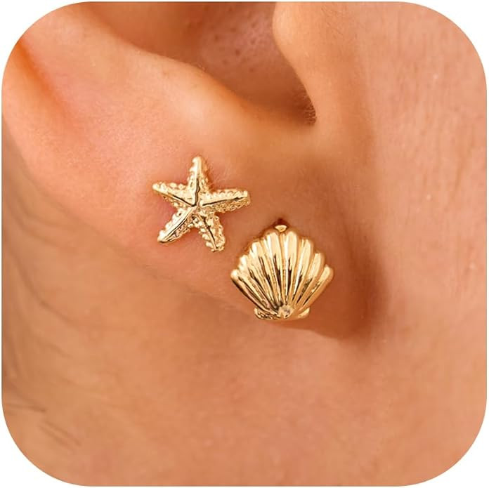 2 Pairs Small Sea Animal Earrings for Women – 14K Gold Plated Stud Earrings Set, Dainty Ocean-I... | Amazon (US)