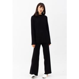 Rib Knit Split Hem Sweater and Pants Set in Black | Chicwish