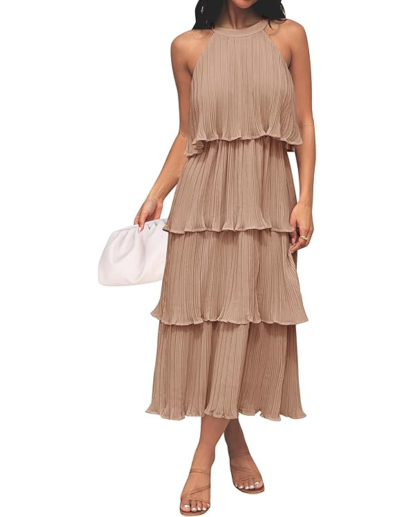 ZESICA Women's 2024 Summer Sleeveless Halter Neck Ruffle Tiered Layered Chiffon Flowy Swing Long ... | Amazon (US)