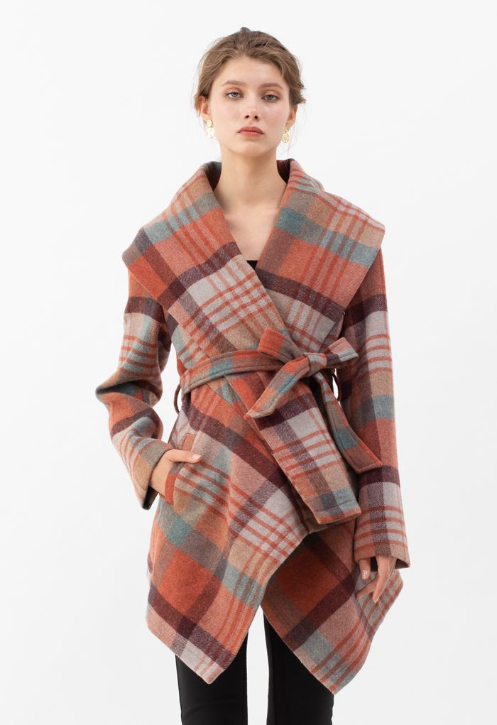 Plaid Pattern Rabato Coat in Coral | Chicwish